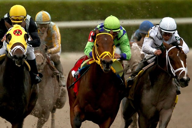 HALLANDALE, FL - MARCH 29:  (EDITORS NOTE: Retransmission with alternate crop.) Constitution #4 (far right), riden by Javier Castellano, leads Wildcat Red #1, riden by John Velazquez and General a Rod, riden by Joel Rosario out of the fourth turn in The Besilu Florida Derby at Gulfstream Park on March 29, 2014 in Hallandale, Florida.  (Photo by Matthew Stockman/Getty Images)