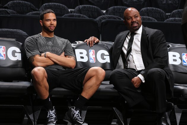 BROOKLYN, NY - APRIL 20:  Deron Williams #8 and general manager Billy King of the Brooklyn Nets before the game against the Chicago Bulls in Game One of the Eastern Conference Quarterfinals during the 2013 NBA Playoffs on April 20 at the Barclays Center in the Brooklyn borough of New York City.  NOTE TO USER: User expressly acknowledges and agrees that, by downloading and or using this photograph, User is consenting to the terms and conditions of the Getty Images License Agreement. Mandatory Copyright Notice: Copyright 2013 NBAE  (Photo by Nathaniel S. Butler/NBAE via Getty Images)