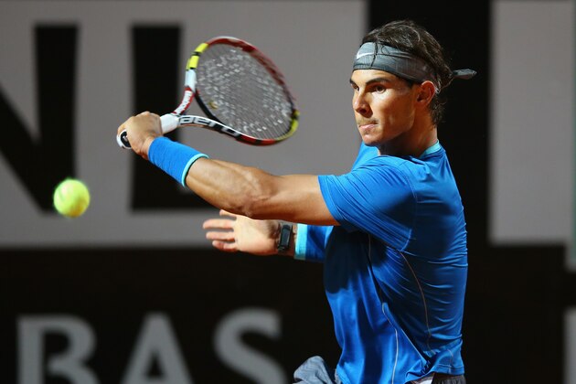ROME, ITALY - MAY 16:  Rafael Nadal of Spain in action in his match against Andy Murray of Great Britain during day six of the Internazionali BNL d'Italia tennis 2014 on May 16, 2014 in Rome, Italy.  (Photo by Julian Finney/Getty Images)