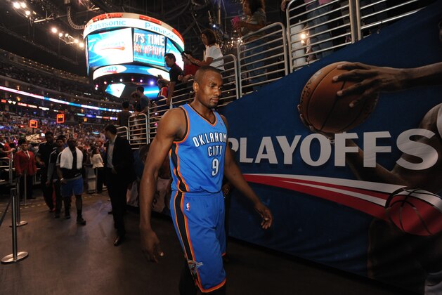 LOS ANGELES, CA - MAY 11:  Serge Ibaka #9 of the Oklahoma City Thunder walks off the court after Game Four of the Western Conference Semifinals against the Los Angeles Clippers during the 2014 NBA Playoffs at Staples Center on May 11, 2014 in Los Angeles, California. NOTE TO USER: User expressly acknowledges and agrees that, by downloading and/or using this Photograph, user is consenting to the terms and conditions of the Getty Images License Agreement. Mandatory Copyright Notice: Copyright 2014 NBAE (Photo by Juan Ocampo/NBAE via Getty Images)