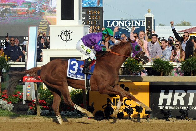 IMAGE DISTRIBUTED FOR LONGINES - California Chrome, ridden by jockey Victor Espinoza, wins the second leg of the Triple Crown as he runs away with the 139th Preakness Stakes, Saturday, May 17, 2014, in Baltimore, MD. Longines, the Swiss watchmaker known for its famous timepieces, is the Official Watch and Timekeeper of the 139th annual Preakness Stakes and the Triple Crown. (Diane Bondareff/Invision for Longines/AP Images)