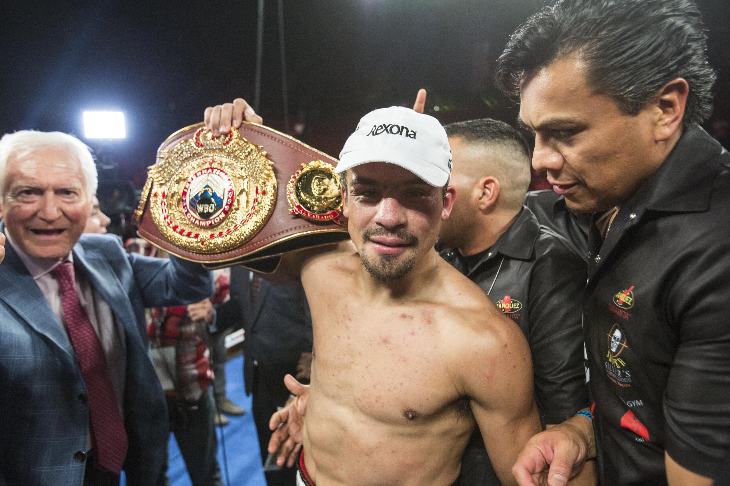 Juan Manuel Márquez, of Mexico, celebrates with championship belt after his victory over Mike Alvarado in the tenth round of a WBO welterweight title boxing match at the Forum in Inglewood, Calif., Saturday, May 17, 2014. (AP Photo/Ringo H.W. Chiu) Juan Manuel Márquez, of Mexico, celebrates with championship belt after his victory over Mike Alvarado in the tenth round of a WBO welterweight title boxing match at the Forum in Inglewood, Calif., Saturday, May 17, 2014. (AP Photo/Ringo H.W. Chiu)