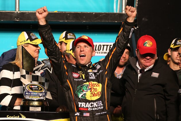 CHARLOTTE, NC - MAY 17:  Jamie McMurray, driver of the #1 Bass Pro Chevrolet, celebrates in victory lane after winning the NASCAR Sprint Cup Series Sprint All-Star Race at Charlotte Motor Speedway on May 17, 2014 in Charlotte, North Carolina.  (Photo by Chris Graythen/Getty Images)