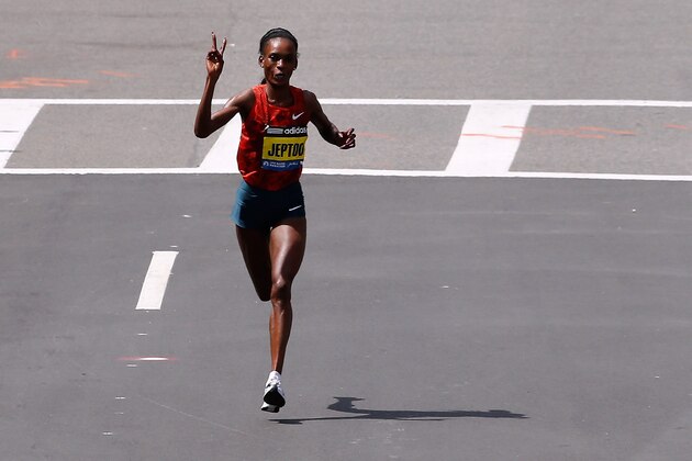 BOSTON, MA - APRIL 21:  Rita Jeptoo of Kenya approaches the finish line to win the 118th Boston Marathon on April 21, 2014 in Boston, Massachusetts.  (Photo by Jim Rogash/Getty Images)