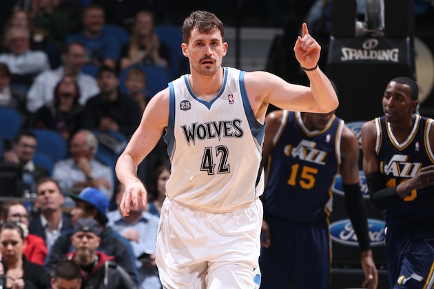 MINNEAPOLIS, MN - April 16: Kevin Love #42 of the Minnesota Timberwolves looks up the court gainst the Utah Jazz during the game on April 16, 2014 at Target Center in Minneapolis, Minnesota. NOTE TO USER: User expressly acknowledges and agrees that, by downloading and or using this Photograph, user is consenting to the terms and conditions of the Getty Images License Agreement. Mandatory Copyright Notice: Copyright 2014 NBAE (Photo by David Sherman/NBAE via Getty Images)