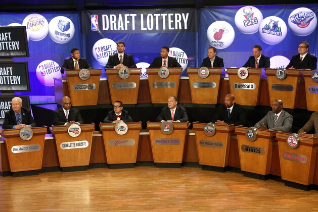 NBA basketball team representatives sit onstage at the start of the NBA draft lottery, Tuesday, May 21, 2013 in New York. (AP Photo/Jason DeCrow)