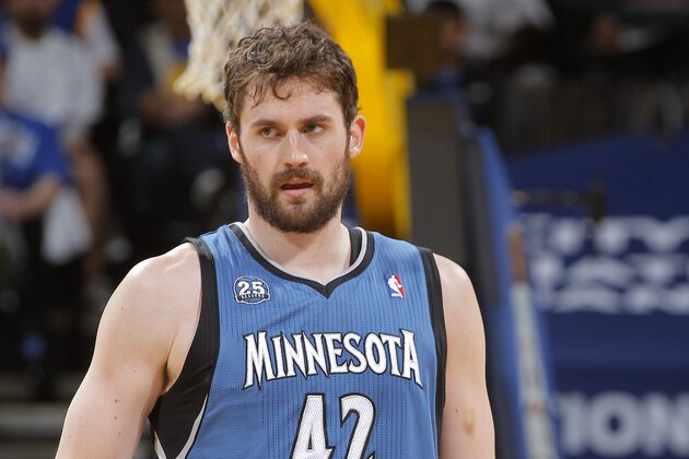 OAKLAND, CA - APRIL 14: Kevin Love #42 of the Minnesota Timberwolves during a game against the Golden State Warriors on April 14, 2014 at Oracle Arena in Oakland, California. NOTE TO USER: User expressly acknowledges and agrees that, by downloading and or using this photograph, user is consenting to the terms and conditions of Getty Images License Agreement. Mandatory Copyright Notice: Copyright 2014 NBAE (Photo by Rocky Widner/NBAE via Getty Images)
