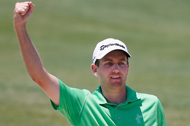 IRVING, TX - MAY 18:  Brendon Todd celebrates after chipping in for a birdie from the bunker on the second hole during the Final Round of the HP Byron Nelson Championship at the TPC Four Seasons Resort on May 18, 2014 in Irving, Texas.  (Photo by Tom Pennington/Getty Images)
