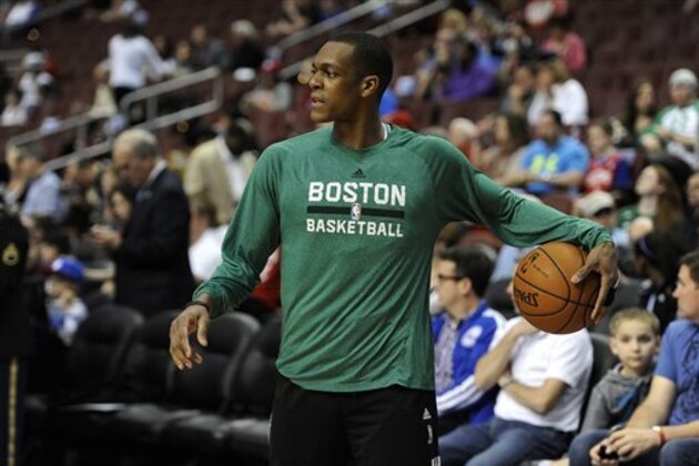Boston Celtics' Rajon Rondo is seen before an NBA basketball game against the Philadelphia 76ers on Monday, April 14, 2014, in Philadelphia. (AP Photo/Michael Perez)