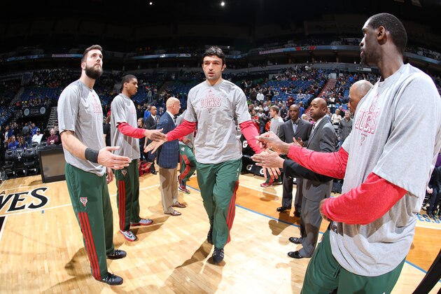 MINNEAPOLIS, MN - MARCH 11: Zaza Pachulia #27 of the Milwaukee Bucks gets introduced before a game against the Minnesota Timberwolves on March 11, 2014 at Target Center in Minneapolis, Minnesota. NOTE TO USER: User expressly acknowledges and agrees that, by downloading and or using this Photograph, user is consenting to the terms and conditions of the Getty Images License Agreement. Mandatory Copyright Notice: Copyright 2014 NBAE (Photo by David Sherman/NBAE via Getty Images)