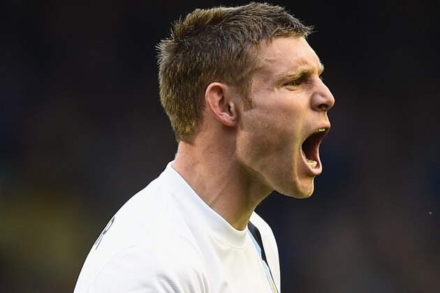 LIVERPOOL, ENGLAND - MAY 03:  James Milner of Manchester City celebrates at the end of the Barclays Premier League match between Everton and Manchester City at Goodison Park on May 3, 2014 in Liverpool, England.  (Photo by Laurence Griffiths/Getty Images)