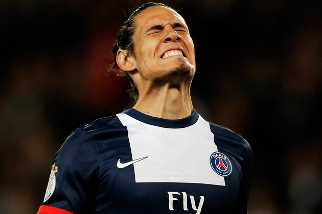 PARIS, FRANCE - MAY 07:  Edinson Cavani of PSG reacts to a missed chance on goal during the Ligue 1 match between Paris Saint-Germain FC and Stade Rennais FC at Parc des Princes on May 7, 2014 in Paris, France.  (Photo by Dean Mouhtaropoulos/Getty Images)