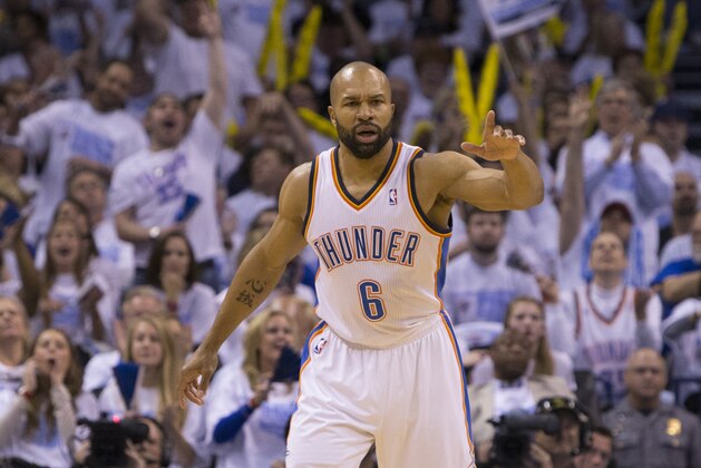 OKLAHOMA CITY, OK - April 29, 2014:  Derek Fisher #6 of the Oklahoma City Thunder during the game against the Memphis Grizzlies in Game 5 of the Western Conference Quarterfinals during the 2014 NBA Playoffs at the Chesapeake Arena on April 29, 2014 in Oklahoma City, Oklahoma. NOTE TO USER:  User expressly acknowledges and agrees that, by downloading and/or using this photograph, user is consenting to the terms and conditions of the Getty Images License Agreement. Mandatory Copyright Notice:  Copyright 2014 NBAE (Photo by Richard Rowe/NBAE via Getty Images)