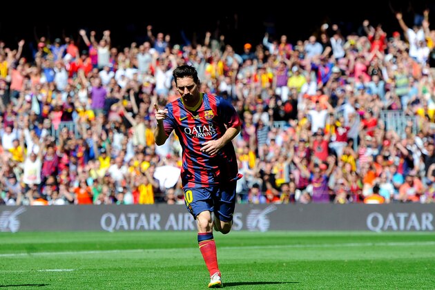 BARCELONA, SPAIN - MAY 03:  Lionel Messi of FC Barcelona celebrates after scoring the opening goal during the La Liga match between FC Barcelona and Getafe CF at Nou Camp on May 3, 2014 in Barcelona, Spain.  (Photo by David Ramos/Getty Images)