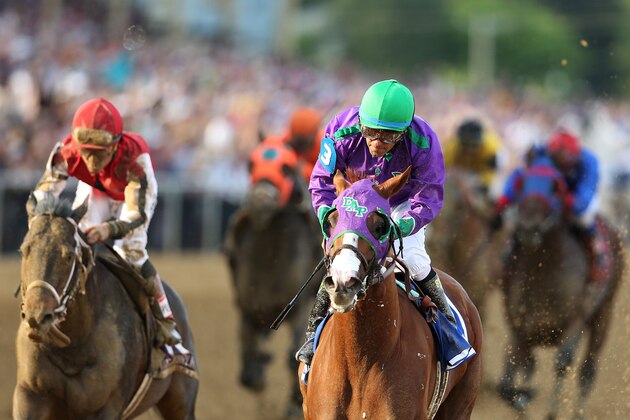 BALTIMORE, MD - MAY 17:  California Chrome #3, ridden by Victor Espinoza, races with the field during the 139th running of the Preakness Stakes at Pimlico Race Course on May 17, 2014 in Baltimore, Maryland.  (Photo by Matthew Stockman/Getty Images)
