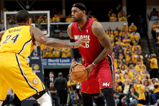 INDIANAPOLIS - MAY 18: LeBron James #6 of the Miami Heat handles the ball against the Indiana Pacers in game one of the East Conference Finals at Bankers Life Fieldhouse on May 18, 2014 in Indianapolis, Indiana.  NOTE TO USER: User expressly acknowledges and agrees that, by downloading and or using this Photograph, user is consenting to the terms and condition of the Getty Images License Agreement. Mandatory Copyright Notice: 2014 NBAE  (Photo by Ron Hoskins/NBAE via Getty Images)