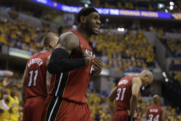 Miami Heat's LeBron James in action during the second half of Game 1 of the Eastern Conference finals NBA basketball playoff series  against the Indiana Pacers Sunday, May 18, 2014, in Indianapolis.  (AP Photo/Darron Cummings)