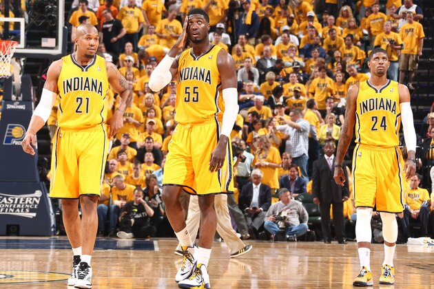 INDIANAPOLIS - MAY 18: David West #21, Roy hibbert #55 and Paul George #24 of the Indiana Pacers look on against the Miami Heat in game one of the East Conference Finals at Bankers Life Fieldhouse on May 18, 2014 in Indianapolis, Indiana.  NOTE TO USER: User expressly acknowledges and agrees that, by downloading and or using this Photograph, user is consenting to the terms and condition of the Getty Images License Agreement. Mandatory Copyright Notice: 2014 NBAE  (Photo by Nathaniel S. Butler/NBAE via Getty Images)