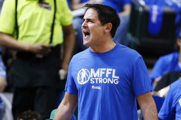 May 2, 2014; Dallas, TX, USA; Dallas Mavericks owner Mark Cuban yells during the game against the San Antonio Spurs in game six of the first round of the 2014 NBA Playoffs at American Airlines Center. Dallas won 113-111.  Mandatory Credit: Kevin Jairaj-USA TODAY Sports