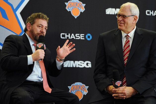 NEW YORK, NY - MARCH 18: James Dolan, L, Executive Chairman of Madison Square Garden, and Phil Jackson answer questions together during the press conference to announce Jackson as the President of the New York Knicks at Madison Square Garden on March 18, 2014 in New York City.  (Photo by Maddie Meyer/Getty Images)