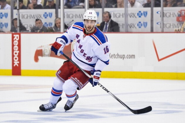 PITTSBURGH, PA - MAY 13:  Derick Brassard #16 of the New York Rangers skates against the Pittsburgh Penguins in Game Seven of the Second Round of the 2014 NHL Stanley Cup Playoffs on May 13, 2014 at CONSOL Energy Center in Pittsburgh, Pennsylvania.  (Photo by Jamie Sabau/Getty Images)