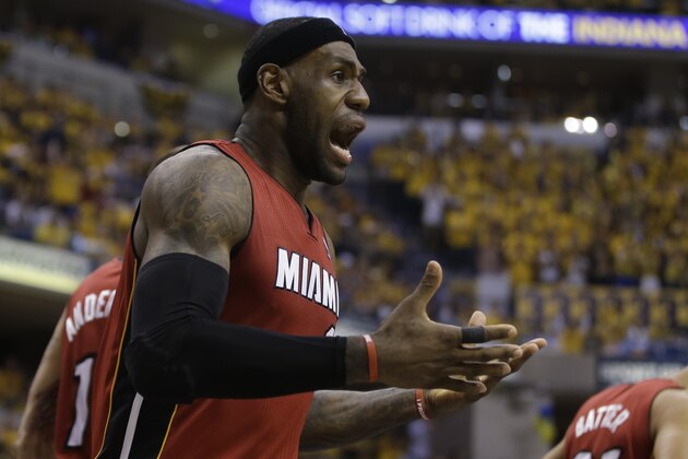 Miami Heat's LeBron James in action during the second half of Game 1 of the Eastern Conference finals NBA basketball playoff series  against the Indiana Pacers Sunday, May 18, 2014, in Indianapolis.  (AP Photo/Darron Cummings)