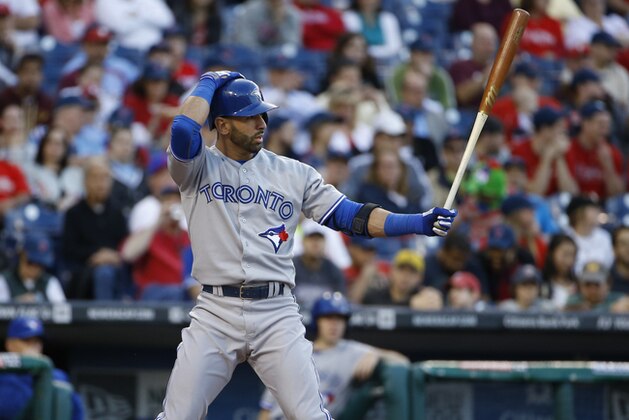 Toronto Blue Jays' Jose Bautista in action during an interleague baseball game against the Philadelphia Phillies, Tuesday, May 6, 2014, in Philadelphia. (AP Photo/Matt Slocum)