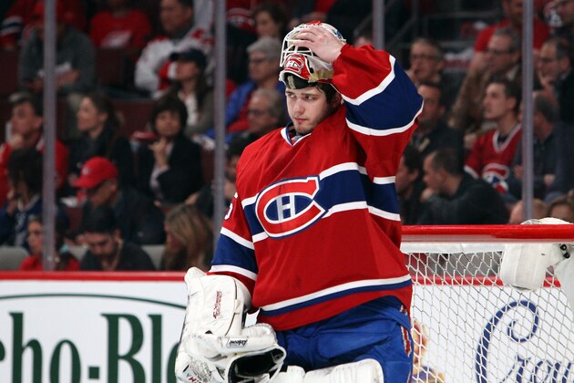 MONTREAL, QC - MAY 19:  Dustin Tokarski #35 of the Montreal Canadiens reacts against the New York Rangers during the first period in Game Two of the Eastern Conference Final during the 2014 Stanley Cup Playoffs at Bell Centre on May 19, 2014 in Montreal, Canada.  (Photo by Francois Laplante/FreestylePhoto/Getty Images)