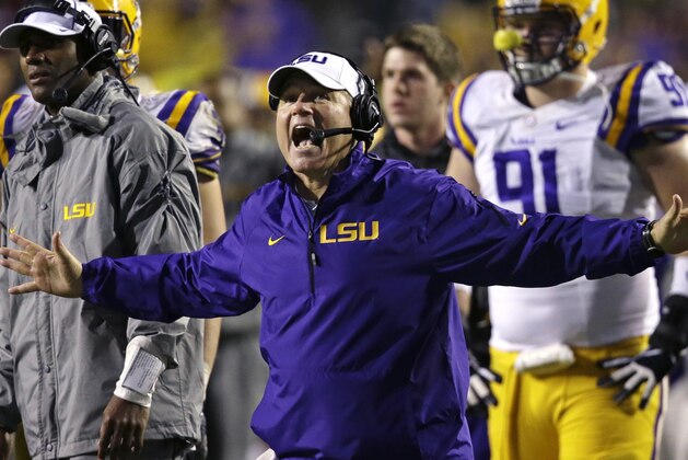 LSU head coach Les Miles reacts to a touchdown call for Texas A&M that was later overturned on replay in the second half of an NCAA college football game in Baton Rouge, La., Saturday, Nov. 23, 2013. LSU won 34-10. (AP Photo/Gerald Herbert)