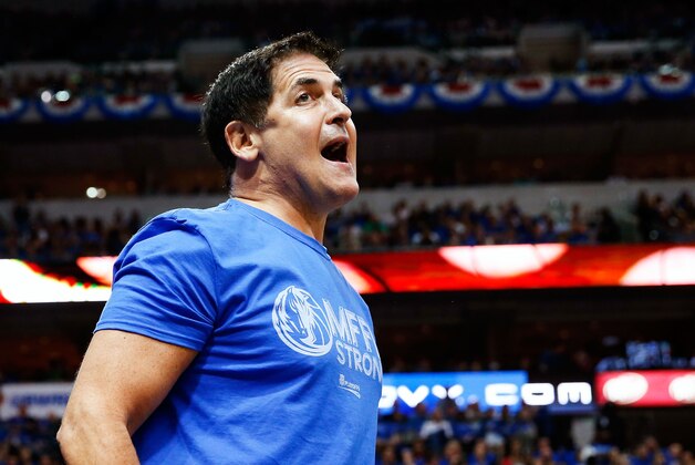 Apr 26, 2014; Dallas, TX, USA; Dallas Mavericks owner Mark Cuban reacts during the game against the San Antonio Spurs in game three of the first round of the 2014 NBA Playoffs at American Airlines Center. Dallas won 109-108. Mandatory Credit: Kevin Jairaj-USA TODAY Sports