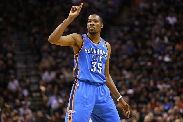 SAN ANTONIO, TX - MAY 19:  Kevin Durant #35 of the Oklahoma City Thunder reacts in the second half while taking on the San Antonio Spurs in Game One of the Western Conference Finals during the 2014 NBA Playoffs at AT&T Center on May 19, 2014 in San Antonio, Texas. NOTE TO USER: User expressly acknowledges and agrees that, by downloading and or using this photograph, User is consenting to the terms and conditions of the Getty Images License Agreement.  (Photo by Ronald Martinez/Getty Images)