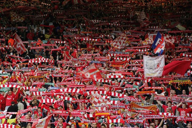 LIVERPOOL, ENGLAND - MAY 3:  Liverpool fans show their scalves in the Kop before the UEFA Champions League semi-final second leg match between Liverpool and Chelsea at Anfield on May 3, 2005 in Liverpool, England.  (Photo by Laurence Griffiths/Getty Images)