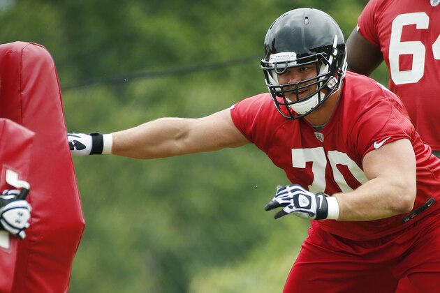Atlanta Falcons offensive lineman lineman Jake Matthews works during their rookie minicamp football practice Saturday, May 17, 2014 in Buford, Ga.  (AP Photo/John Bazemore)