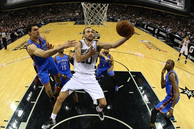 SAN ANTONIO, TX - MAY 19:  Manu Ginobili #20 of the San Antonio Spurs goes up for a shot against Steven Adams #12 of the Oklahoma City Thunder in the fourth quarter in Game One of the Western Conference Finals during the 2014 NBA Playoffs at AT&T Center on May 19, 2014 in San Antonio, Texas. NOTE TO USER: User expressly acknowledges and agrees that, by downloading and or using this photograph, User is consenting to the terms and conditions of the Getty Images License Agreement.  (Photo by Ronald Martinez/Getty Images)