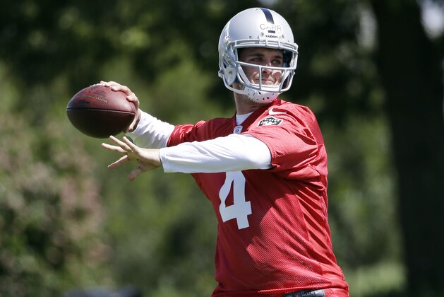 Oakland Raiders quarterback Derek Carr throws during the team's NFL football rookie camp on Friday, May 16, 2014, in Alameda, Calif. (AP Photo/Marcio Jose Sanchez)