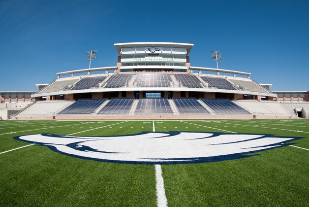 August 3, 2012 - A view of the press box and home side seating of the nearly completed Allen Eagle Stadium. The $59.6 million dollar, 18,000 seat project was funded from a $119 million bond package approved by voters in 2009. The stadium features a sunken-bowl design, video scoreboard, multi-level press box, weight room, wrestling room, and an indoor golf facility. The stadium is on schedule for completion and will officially open Friday August 31, 2012 when Allen hosts the defending 5A State Champions, Southlake Carroll. (Michael Prengler/Special Contributor)
