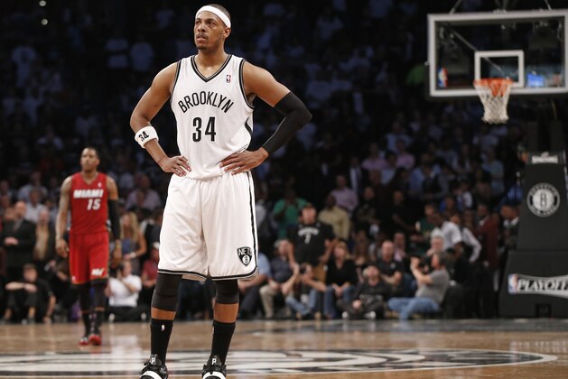 Brooklyn Nets forward Paul Pierce (34) reacts in the waning seconds of the second half of Game 4 of their second-round NBA playoff basketball game at the Barclays Center, Monday, May 12, 2014, in New York. The Heat defeated the Nets 102-96 not go up 3-1 in the series. (AP Photo)