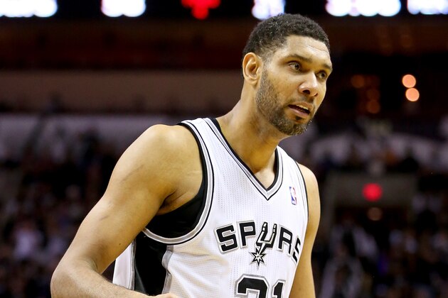 SAN ANTONIO, TX - MAY 19:  Tim Duncan #21 of the San Antonio Spurs reacts while taking on the Oklahoma City Thunder in Game One of the Western Conference Finals during the 2014 NBA Playoffs at AT&T Center on May 19, 2014 in San Antonio, Texas. NOTE TO USER: User expressly acknowledges and agrees that, by downloading and or using this photograph, User is consenting to the terms and conditions of the Getty Images License Agreement.  (Photo by Ronald Martinez/Getty Images)