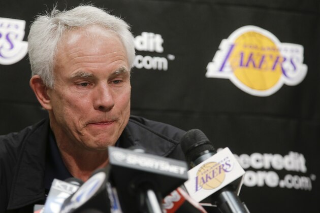 Los Angeles Lakers general manager Mitch Kupchak talks during a news conference in El Segundo, Calif., Tuesday, Feb. 19, 2013, about the death of team owner Jerry Buss. Buss died in Los Angeles on Monday. (AP Photo/Chris Carlson)