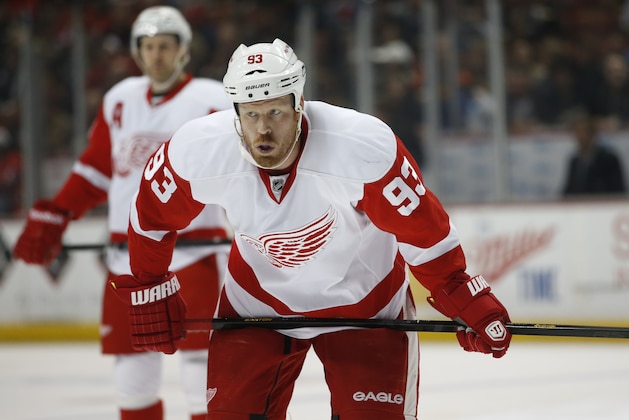 Detroit Red Wings' Johan Franzen, of Sweden, looks on during the first period of an NHL hockey game against the Anaheim Ducks in Anaheim, Calif., Friday, March 22, 2013. (AP Photo/Jae C. Hong)