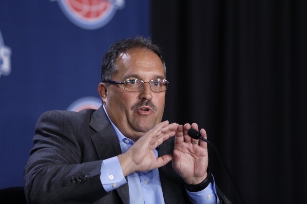 Stan Van Gundy addresses the media after being introduced as the Detroit Pistons newest head coach at the Palace in Auburn Hills, Mich., Thursday, May 15, 2014. (AP Photo/Carlos Osorio)