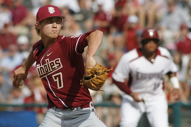 Florida State pitcher Luke Weaver (7) throws as Troy's Trae Santos takes a lead off first base in the second inning of an NCAA college baseball tournament regional game on Saturday, June 1, 2013, in Tallahassee, Fla. (AP Photo/Phil Sears)