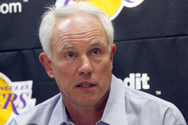 Mitch Kupchak, Los Angeles Lakers general manager, speaks to reporers about the upcoming season, Wednesday Sept. 25, 2013, in El Segundo, Calif. Kupchak says Kobe Bryant was at the NBA basketball team's training complex almost every morning this summer, working aggressively to return from surgery on his torn left Achilles' tendon. (AP Photo/Nick Ut)