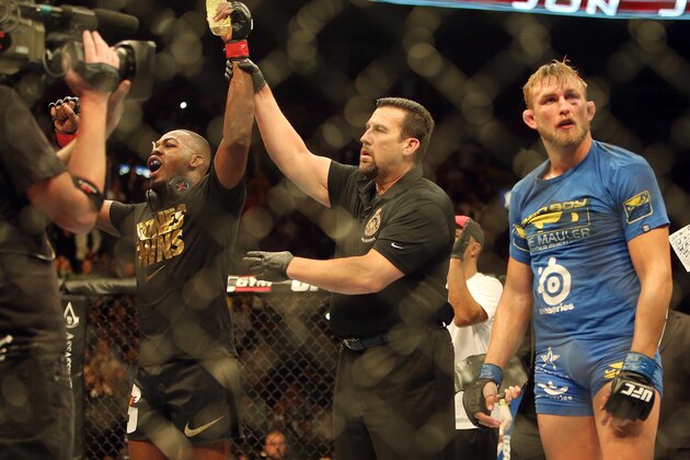 Sep 21, 2013; Toronto, Ontario, CAN; Jon Jones celebrates his victory against Alexander Gustafsson during their light heavyweight championship bout at UFC 165 at the Air Canada Centre. Mandatory Credit: Tom Szczerbowski-USA TODAY Sports