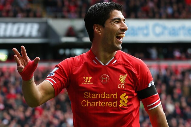 LIVERPOOL, ENGLAND - APRIL 13:  Luis Suarez of Liverpool reacts during the Barclays Premier League match between Liverpool and Manchester City at Anfield on April 13, 2014 in Liverpool, England.  (Photo by Alex Livesey/Getty Images)