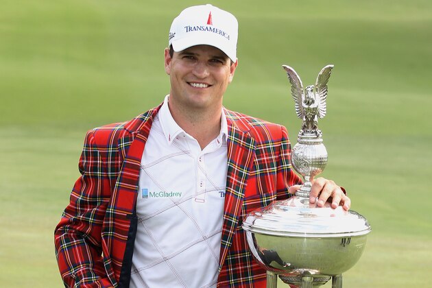 FORT WORTH, TX - MAY 27:  Zach Johnson poses with the trophy after his one-stroke victory at the Crowne Plaza Invitational at Colonial at the Colonial Country Club on May 27, 2012 in Fort Worth, Texas.  (Photo by Scott Halleran/Getty Images)