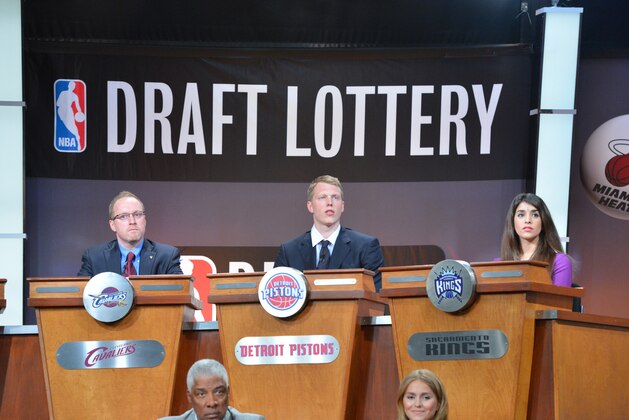 NEW YORK - MAY 20: Kyle Singler of the Detroit Pistons during the 2014 NBA Draft Lottery on May 20, 2014 at the ABC News' 'Good Morning America' Times Square Studio in New York City.  NOTE TO USER: User expressly acknowledges and agrees that, by downloading and/or using this photograph, user is consenting to the terms and conditions of the Getty Images License Agreement. Mandatory Copyright Notice: Copyright 2014 NBAE (Photo by Jesse D. Garrabrant/NBAE via Getty Images)