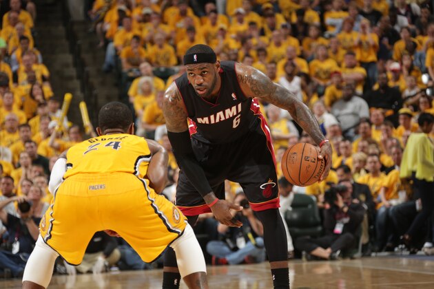 INDIANAPOLIS, IND - MAY 20: LeBron James #6 of the Miami Heat handles the ball against the Indiana Pacers in Game Two of the Eastern Conference Finals during the 2014 NBA Playoffs at Bankers Life Fieldhouse on May 20, 2014 in Indianapolis, Indiana. NOTE TO USER: User expressly acknowledges and agrees that, by downloading and or using this Photograph, user is consenting to the terms and condition of the Getty Images License Agreement. Mandatory Copyright Notice: 2014 NBAE (Photo by Ron Hoskins/NBAE via Getty Images)