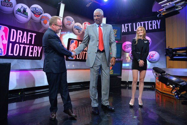 NEW YORK - MAY 20: General Manager David Griffin of the Cleveland Cavaliers, NBA Legend Julius Erving and Mallory Edens of the Milwaukee Bucks celebrates winning the top pick during the 2014 NBA Draft Lottery on May 20, 2014 at the ABC News' 'Good Morning America' Times Square Studio in New York City.  NOTE TO USER: User expressly acknowledges and agrees that, by downloading and/or using this photograph, user is consenting to the terms and conditions of the Getty Images License Agreement. Mandatory Copyright Notice: Copyright 2014 NBAE (Photo by Jesse D. Garrabrant/NBAE via Getty Images)