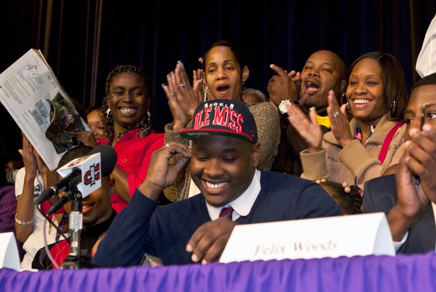 February 6, 2013; Lake City, FL, USA;  Laremy Tunsil and his family after announcing that he will be attending the University of Mississippi on National Signing Day at Columbia High School. Mandatory Credit: Rob Foldy-USA TODAY Sports